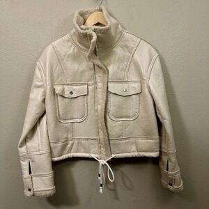 Cream Faux Leather Sherpa Aviator Jacket Oversized Cropped Moto Women's Sz M EUC